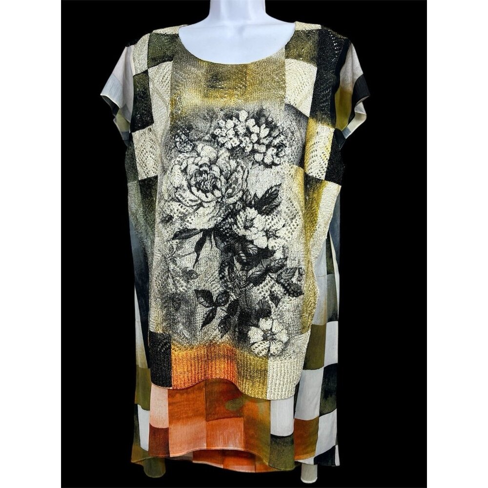 Vintage Y2K Women Mixed Media‎ Tunic Top XL Art To Wear Rose Print Knit Overlay
